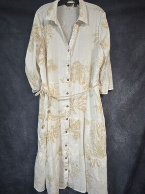 Mlle Gabrielle Cream and Beige Tropical Print Midi Shirt Dress